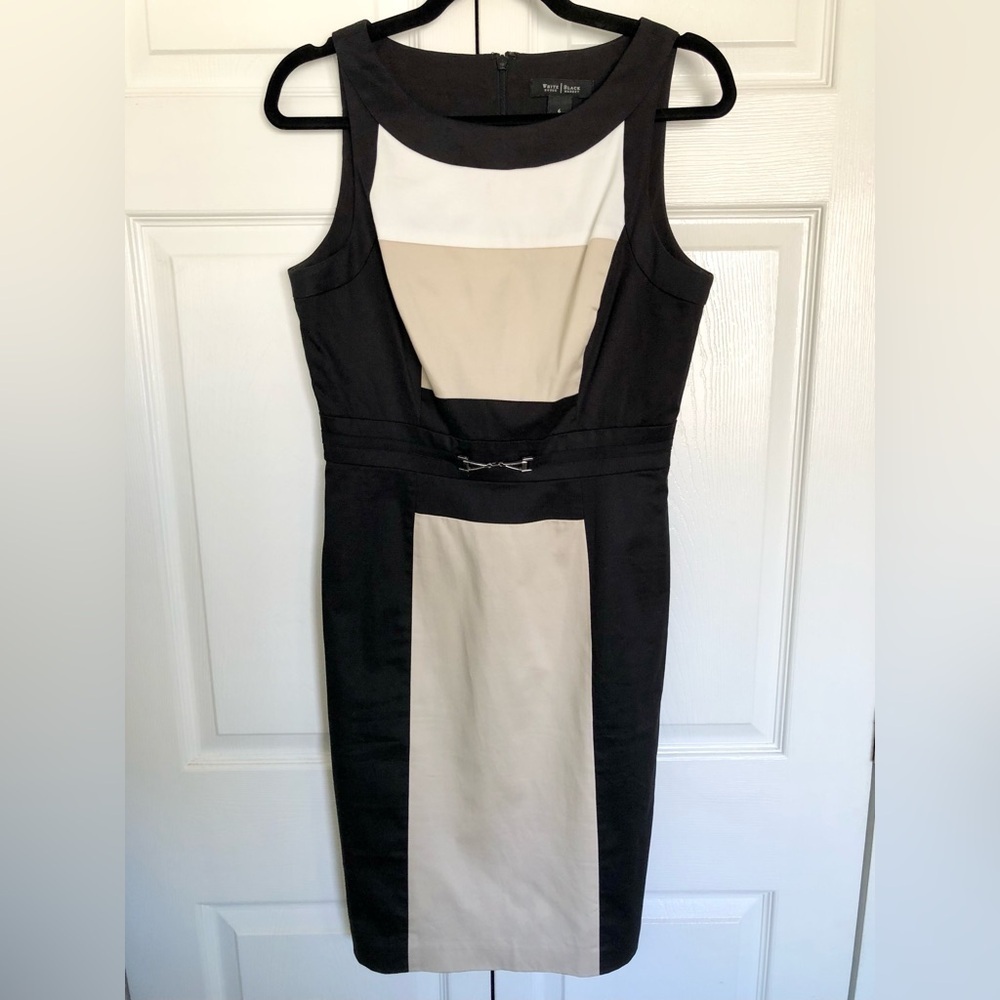 White House Black Market Black and Tan Colorblock Sheath Dress Size 6